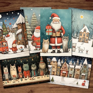 Lustige Weihnachtspostkarten, 6 druckbare Winterpostkarten, digitaler Download, Weihnachtspostkartenbögen, Karikatur-Weihnachtspostkarten-Set