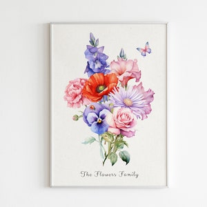 May include: A framed watercolor painting of a bouquet of flowers, including a red poppy, pink carnations, purple pansies, and a pink rose. The flowers are arranged in a vase and have a butterfly flying above them. The painting is titled "The Flower Family".