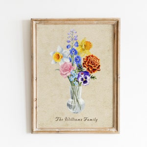 May include: A framed print of a watercolor painting of a bouquet of flowers in a glass vase. The flowers are a mix of yellow, orange, pink, blue, and purple. The text "The Williams Family" is printed below the vase.