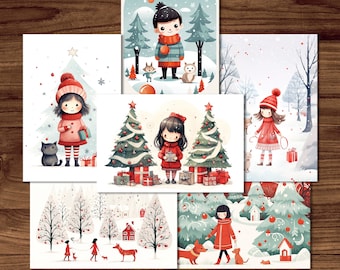 Cute Christmas Postcards, 6 Printable Winter Postcard Digital Download, Holiday Postcards Sheets, Girls Christmas Postcards Set