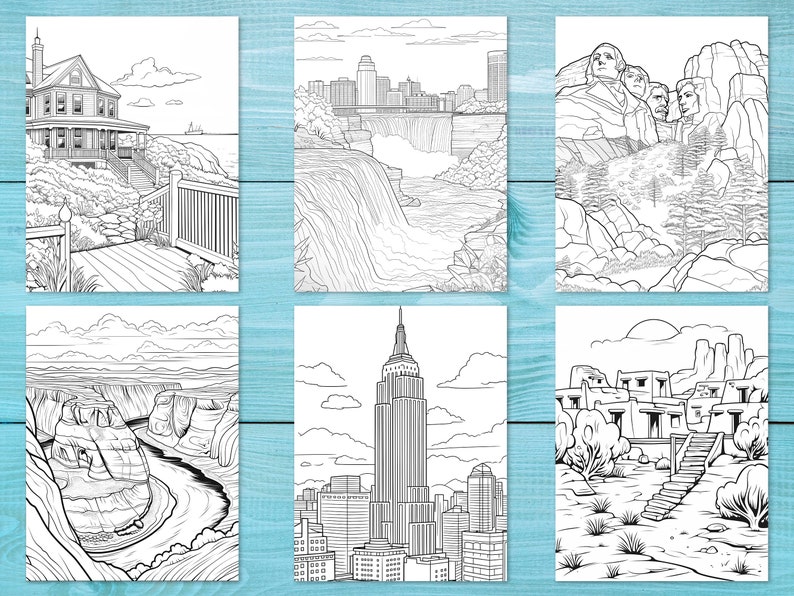 May include: A black and white line drawing of six different American landmarks. The landmarks include a house on a cliff, Niagara Falls, Mount Rushmore, the Grand Canyon, the Empire State Building, and a pueblo-style building.