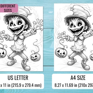 May include: A black and white illustration of a spooky cartoon character holding two jack-o'-lantern pumpkins. The character is wearing a hat and has a mischievous grin. The image is available in two sizes: US Letter (8.5 x 11 inches) and A4 (8.27 x 11.69 inches).