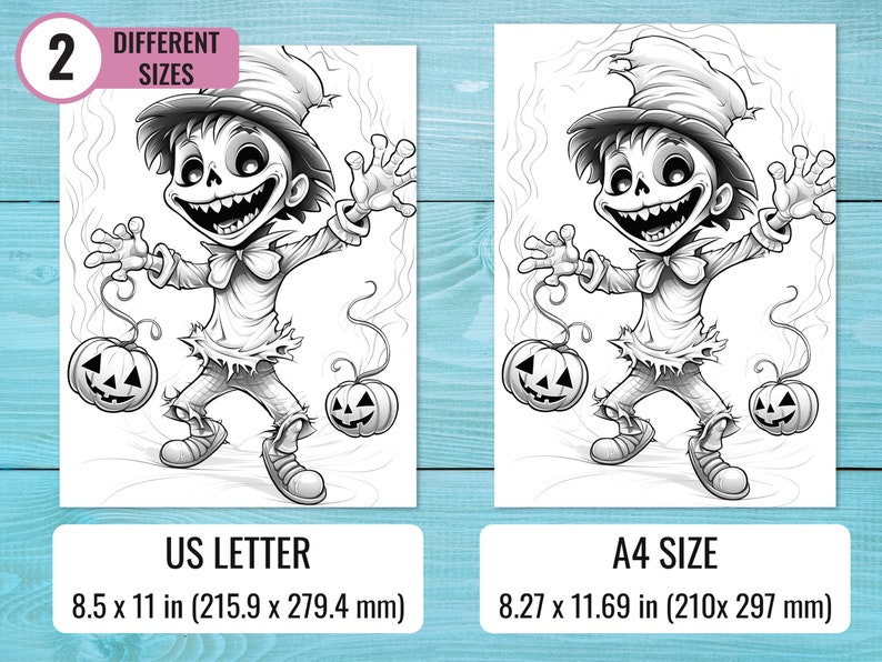 May include: A black and white illustration of a spooky cartoon character holding two jack-o'-lantern pumpkins. The character is wearing a hat and has a mischievous grin. The image is available in two sizes: US Letter (8.5 x 11 inches) and A4 (8.27 x 11.69 inches).