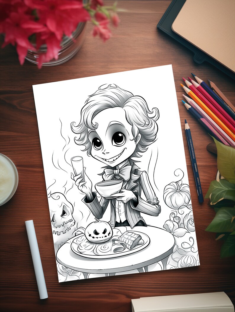 Puede incluir: Una ilustraci&oacute;n en blanco y negro de un personaje de dibujos animados con corbata de lazo, sosteniendo una taza y un vaso. El personaje est&aacute; sentado en una mesa con un plato de comida y una calabaza. El fondo est&aacute; lleno de calabazas y enredaderas.