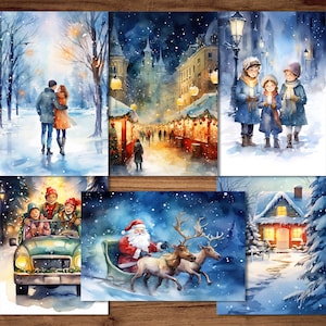 Weihnachtspostkarten, 6 druckbare Postkarten digitaler Download, Postkartenbögen im Aquarellstil, süßes Weihnachtspostkarten-Set