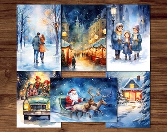 Christmas Postcards, 6 Printable Postcard Digital Download, Watercolor Style Postcards Sheets, Cute Christmas Postcards Set