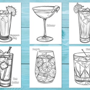May include: Black and white line drawings of six different cocktails, including a Singapore Sling, Sidecar, Tequila Sunrise, Tom Collins, Sangria, and Whiskey Sour. Each drink is illustrated with its ingredients and garnishes, such as cherries, citrus slices, and pineapple.