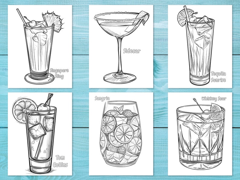 May include: Black and white line drawings of six different cocktails, including a Singapore Sling, Sidecar, Tequila Sunrise, Tom Collins, Sangria, and Whiskey Sour. Each drink is illustrated with its ingredients and garnishes, such as cherries, citrus slices, and pineapple.