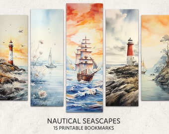 Nautical Bookmark 15 Printable Bookmarks Digital Download Lighthouse Bookmarks Sheets Seascape Bookmarks Set