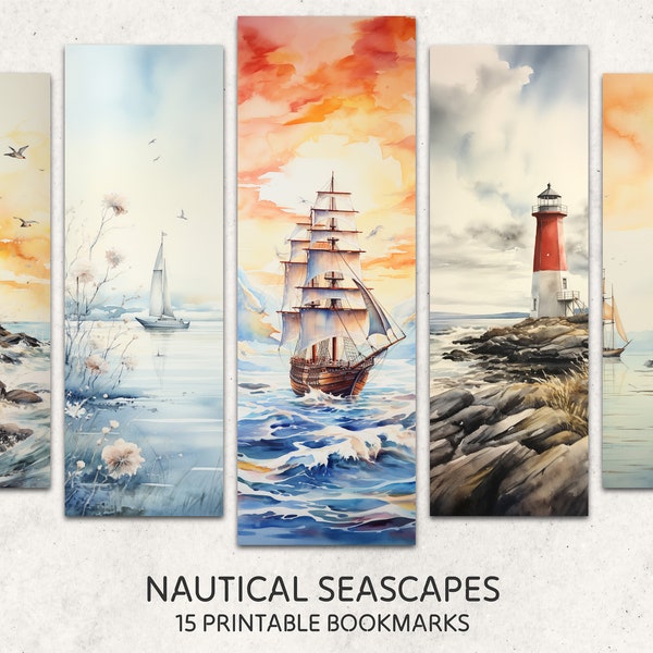 Nautical Bookmark 15 Printable Bookmarks Digital Download Lighthouse Bookmarks Sheets Seascape Bookmarks Set