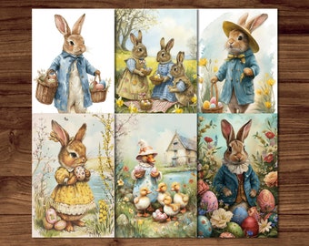 Easter Bunny Postcards, 6 Printable Postcard Digital Download, Beatrix Potter Style Postcards Sheets, Easter Cards Set