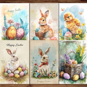 Vintage kartki wielkanocne, 6 pocztówek do druku Digital Download, arkusze kart okolicznościowych w stylu akwareli, zestaw pocztówek Easter Bunny
