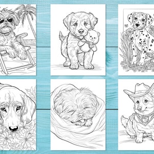 Pode incluir: Um livro para colorir com seis ilustra&ccedil;&otilde;es em preto e branco de c&atilde;es. Os c&atilde;es est&atilde;o em v&aacute;rias poses, incluindo sentados, deitados e usando um chap&eacute;u de cowboy. As ilustra&ccedil;&otilde;es s&atilde;o detalhadas e seriam divertidas para colorir.