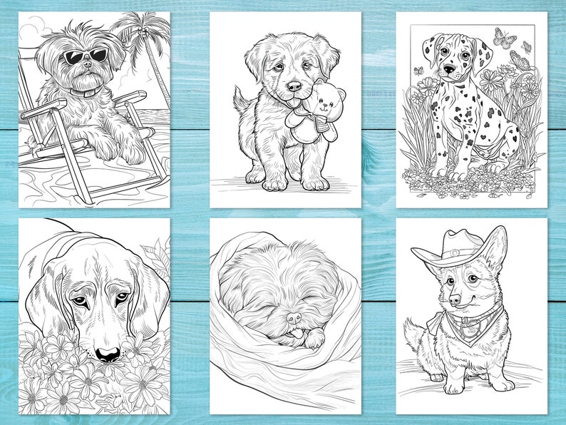 Pode incluir: Um livro para colorir com seis ilustra&ccedil;&otilde;es em preto e branco de c&atilde;es. Os c&atilde;es est&atilde;o em v&aacute;rias poses, incluindo sentados, deitados e usando um chap&eacute;u de cowboy. As ilustra&ccedil;&otilde;es s&atilde;o detalhadas e seriam divertidas para colorir.