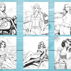 Peut inclure: Un livre de coloriage pr&eacute;sentant six illustrations en noir et blanc de femmes dans diff&eacute;rents contextes. Les illustrations comprennent une femme conduisant une moto, une femme debout &agrave; c&ocirc;t&eacute; d'un avion, une femme debout &agrave; c&ocirc;t&eacute; d'une voiture, une femme assise sur une plage, une femme allong&eacute;e sur une chaise longue et une femme assise avec un panier.