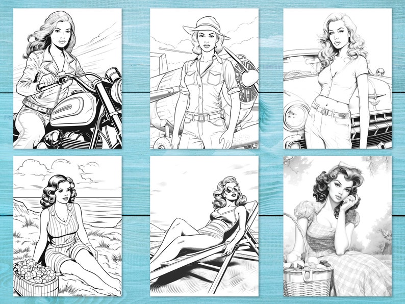 Peut inclure: Un livre de coloriage pr&eacute;sentant six illustrations en noir et blanc de femmes dans diff&eacute;rents contextes. Les illustrations comprennent une femme conduisant une moto, une femme debout &agrave; c&ocirc;t&eacute; d'un avion, une femme debout &agrave; c&ocirc;t&eacute; d'une voiture, une femme assise sur une plage, une femme allong&eacute;e sur une chaise longue et une femme assise avec un panier.