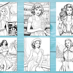 Peut inclure: Six illustrations en noir et blanc de femmes dans diff&eacute;rents contextes. Les femmes sont dessin&eacute;es dans un style vintage avec de grands yeux et des l&egrave;vres charnues. Les illustrations sont parfaites pour les livres &agrave; colorier ou d'autres projets cr&eacute;atifs.