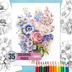 Flower Bouquet Coloring Book, 35 Printable PDF Pages for Adults and Kids, Flowers Grayscale Coloring Page, Instant Download