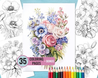 Flower Bouquet Coloring Book, 35 Printable PDF Pages for Adults and Kids, Flowers Grayscale Coloring Page, Instant Download