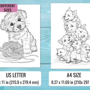 Pode incluir: Dois desenhos em preto e branco de c&atilde;es. A primeira imagem mostra um c&atilde;o pequeno sentado com uma bola de l&atilde;. A segunda imagem mostra uma pilha de cinco c&atilde;es, todos olhando para cima. O texto "2 DIFFERENT SIZES" est&aacute; no topo da imagem. O texto "US LETTER 8.5 x 11 in (215.9 x 279.4 mm)" est&aacute; na parte inferior da primeira imagem. O texto "A4 SIZE 8.27 x 11.69 in (210x 297 mm)" est&aacute; na parte inferior da segunda imagem.