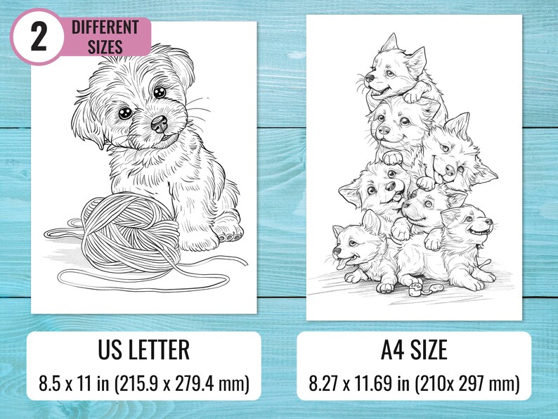 Pode incluir: Dois desenhos em preto e branco de c&atilde;es. A primeira imagem mostra um c&atilde;o pequeno sentado com uma bola de l&atilde;. A segunda imagem mostra uma pilha de cinco c&atilde;es, todos olhando para cima. O texto "2 DIFFERENT SIZES" est&aacute; no topo da imagem. O texto "US LETTER 8.5 x 11 in (215.9 x 279.4 mm)" est&aacute; na parte inferior da primeira imagem. O texto "A4 SIZE 8.27 x 11.69 in (210x 297 mm)" est&aacute; na parte inferior da segunda imagem.