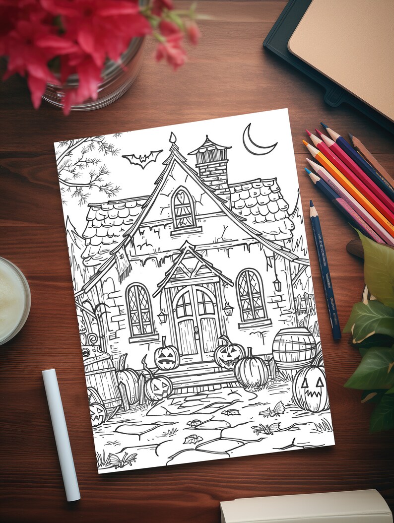 May include: A black and white line drawing of a spooky house with a crescent moon, bats, and pumpkins. The house has a pointed roof, a chimney, and a door with a wreath.