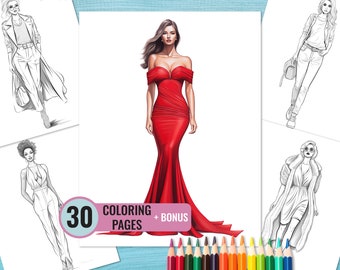 Fashionable Women's Outfits Coloring Book, 30 Printable Fashion Woman Pages for Adults, Modern Style Coloring Page, Instant Download