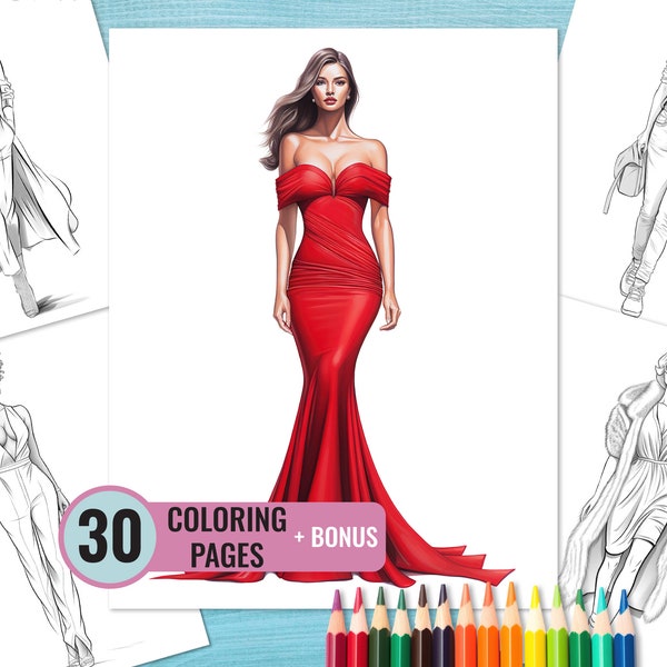 Livre de coloriage de tenues pour femmes à la mode, 30 pages de femme de mode imprimables pour adultes, page de coloriage de style moderne, téléchargement instantané