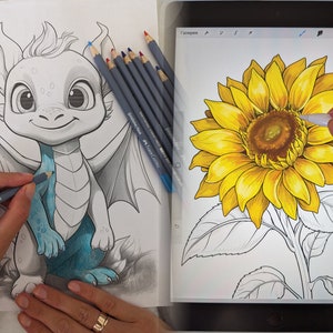 Puede incluir: Una persona coloreando un dibujo de un lindo drag&oacute;n azul con l&aacute;pices de colores. A la derecha, una tableta de dibujo digital muestra un girasol que se est&aacute; coloreando digitalmente.