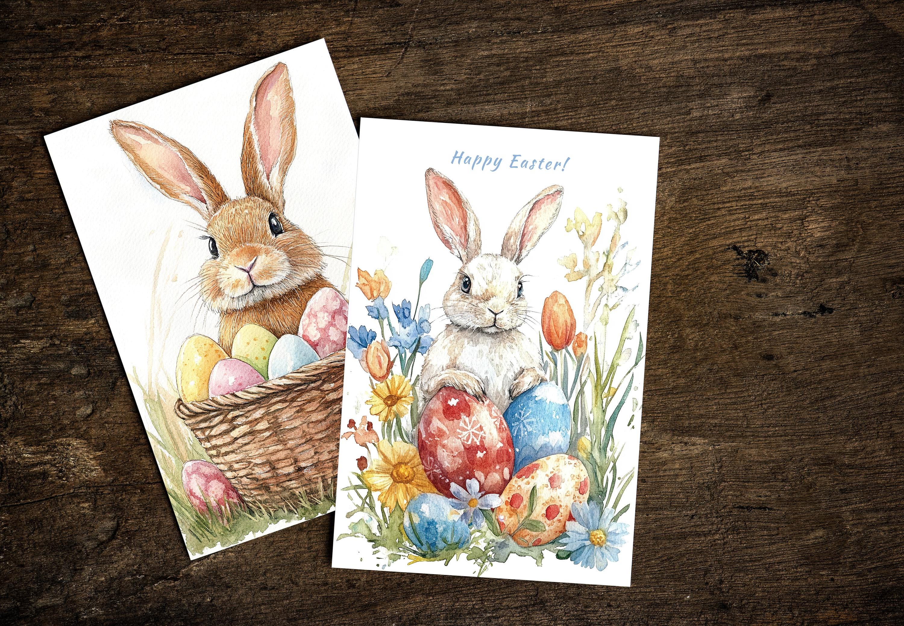 Printable Easter Bunny Cards | 6 Cute Rabbit Postcards | Watercolor ...