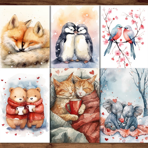 Animals Love Postcards, 6 Printable Romantic Postcard Digital Download, Animals Couples Cards Sheets, Valentines Day Postcards Set