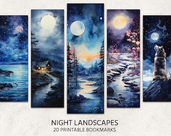 Night Landscapes Bookmarks 20 Printable Bookmarks Digital Download Watercolor Style Night Sky Landscape Bookmark Sheets