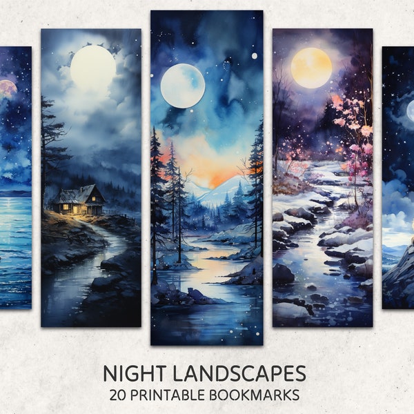 Night Landscapes Bookmarks 20 Printable Bookmarks Digital Download Watercolor Style Night Sky Landscape Bookmark Sheets