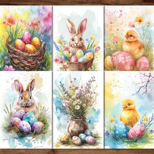 Oster-Grußkarten, 6 druckbare Postkarten, digitaler Download, Kartenbögen im Aquarell-Stil, Osterhasen-Postkarten-Set
