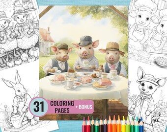 Animals on the Farm Coloring Book, 31 Printable Pages for Adults and Kids, Farm Animals Coloring Page, Instant Download