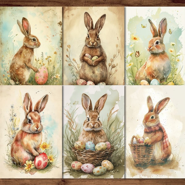Vintage Easter Postcards, 6 Printable Postcard Digital Download, Watercolor Style Postcards Sheets, Easter Bunny Cards Set