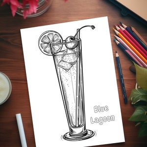May include: Black and white line drawing of a Blue Lagoon cocktail in a tall glass, garnished with a lemon slice and a cherry. The drink contains ice cubes and bubbles. The words "Blue Lagoon" are written below the glass.