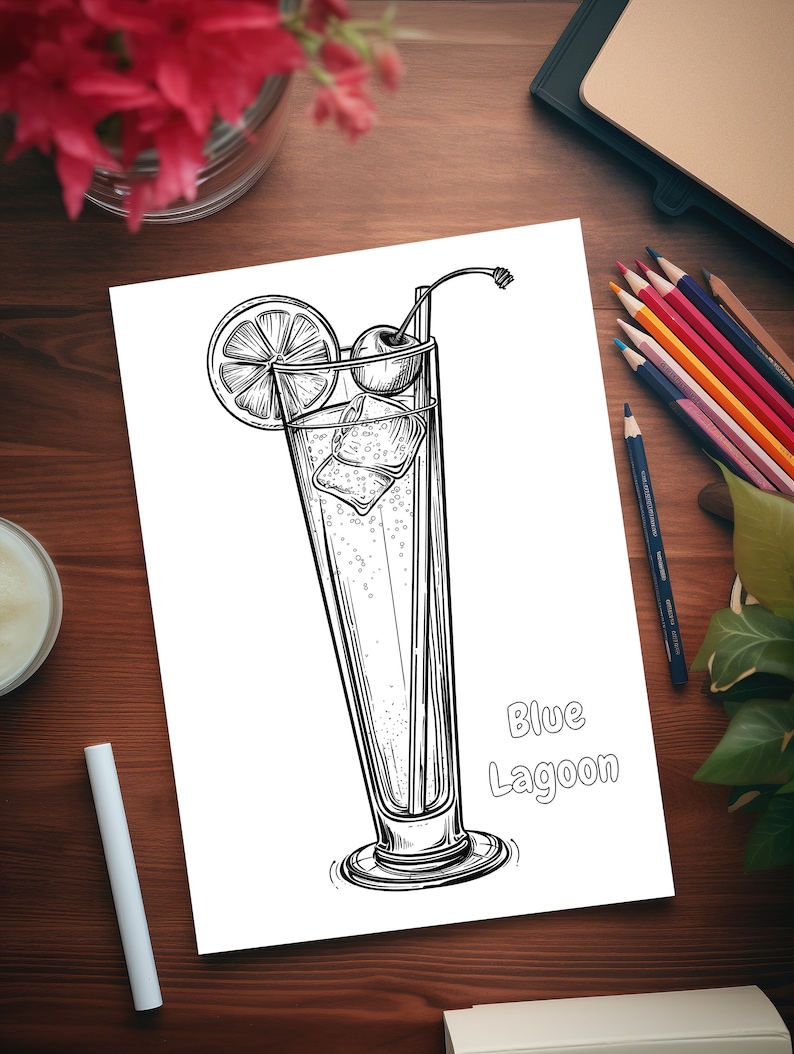 May include: Black and white line drawing of a Blue Lagoon cocktail in a tall glass, garnished with a lemon slice and a cherry. The drink contains ice cubes and bubbles. The words "Blue Lagoon" are written below the glass.