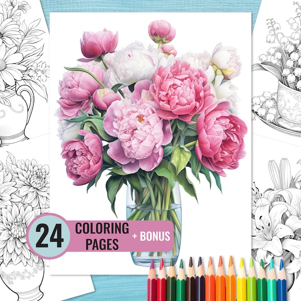Flower Bouquet in Vase Coloring Book, 24 Printable PDF Pages for Adults and Kids, Flowers Grayscale Coloring Page, Instant Download