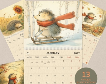 Hedgehog Calendar 2027 | Whimsical Woodland Wall Calendar | Cozy Storybook Animal Art | Hedgehog Lover Gift