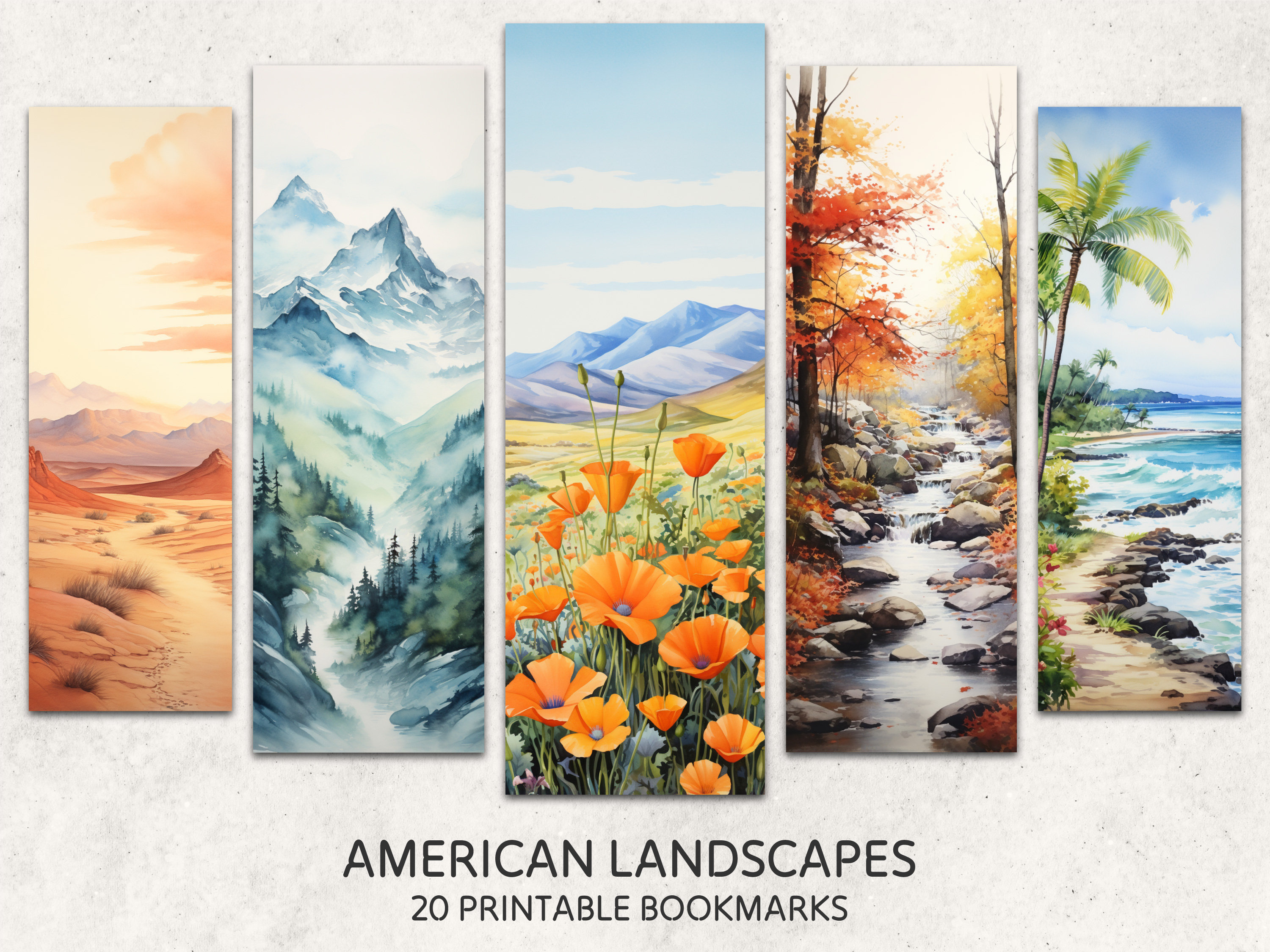 American Landscapes Bookmarks 20 Printable Bookmarks Digital Download Watercolor Style Mountain Landscape Bookmark Sheets
