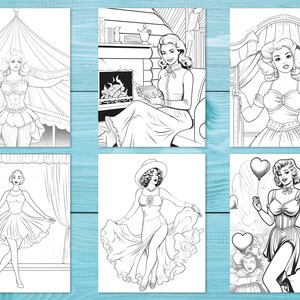 Peut inclure: Six illustrations en noir et blanc de femmes dans diff&eacute;rentes poses. Les illustrations sont de style vintage et pr&eacute;sentent des femmes dans diff&eacute;rents contextes, comme une tente de cirque, un salon et une sc&egrave;ne.