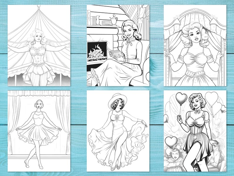 Peut inclure: Six illustrations en noir et blanc de femmes dans diff&eacute;rentes poses. Les illustrations sont de style vintage et pr&eacute;sentent des femmes dans diff&eacute;rents contextes, comme une tente de cirque, un salon et une sc&egrave;ne.