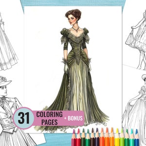 1900 年代の女性の服装のぬり絵、大人向けの 31 の印刷可能なファッション ページ、1910 年代のヴィンテージ女性服のぬりえ、即時ダウンロード