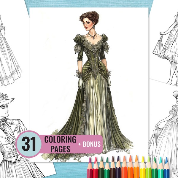 Women's Outfits 1900s Coloring Book, 31 Printable Fashion Pages for Adults, Vintage Woman Clothing 1910s Coloring Page, Instant Download