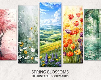 Blooming Flowers Bookmarks 20 Printable Floral Landscapes Bookmarks Digital Download Spring Blossom Watercolor Style Bookmark Sheets