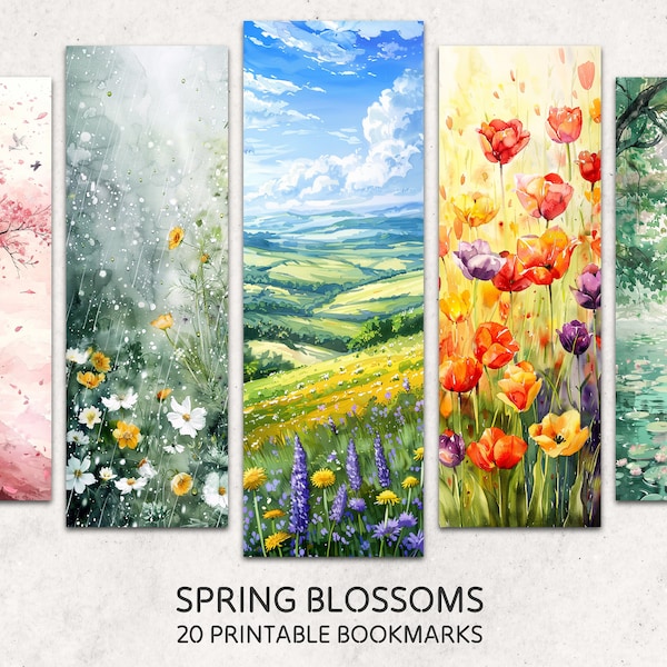 Blooming Flowers Bookmarks 20 Printable Floral Landscapes Bookmarks Digital Download Spring Blossom Watercolor Style Bookmark Sheets