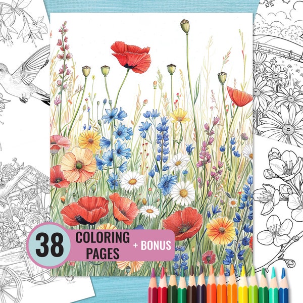 Spring Bloom Coloring Book, 38 Printable Blooming Flowers Pages for Adults, Summer Floral Landscapes Coloring Page, Instant Download