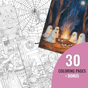 May include: A set of 30 Halloween coloring pages with a bonus page. The cover features a black and white illustration of a witch cooking in a kitchen, a spider web, and a group of ghosts around a campfire.