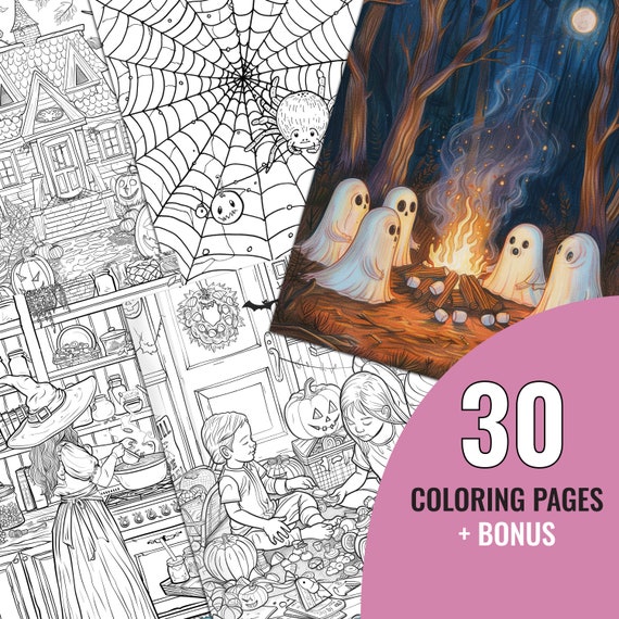 Halloween Coloring Book, 30 Printable Spooky Coloring Pages for Kids and Adult, Happy Halloween Coloring Page, Instant Download